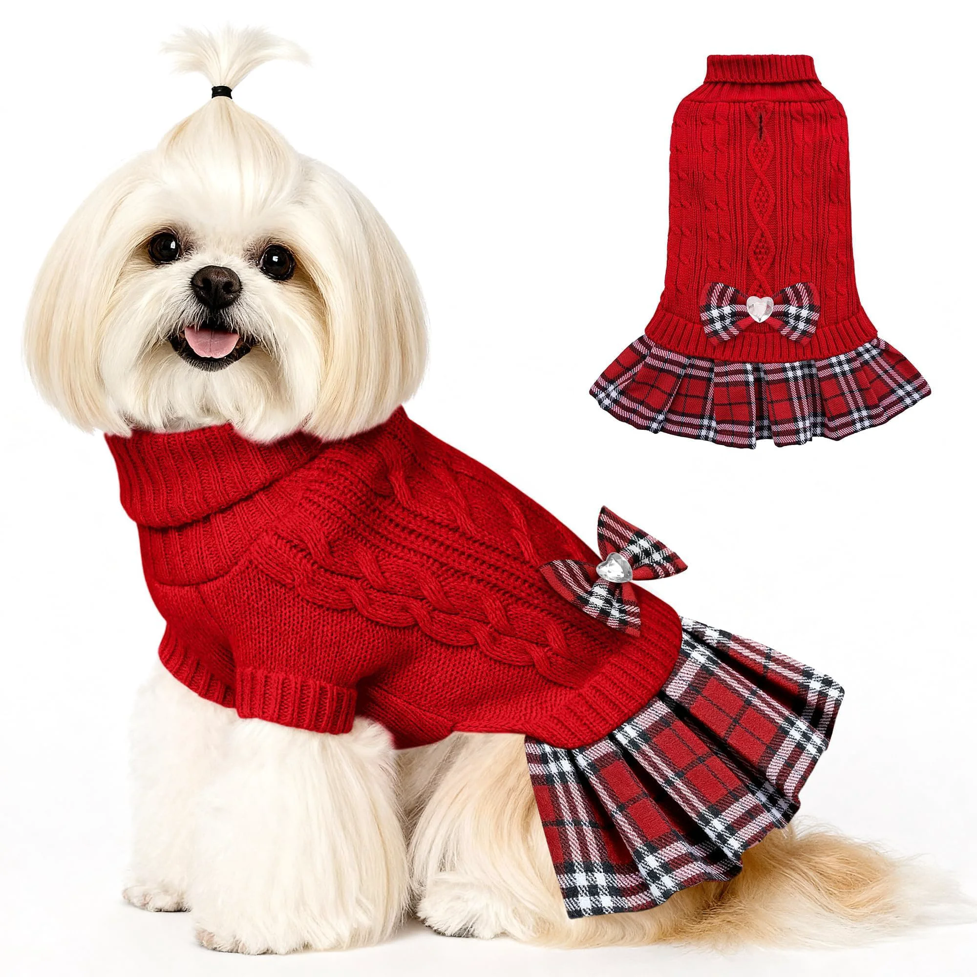 Environmentally Friendly WOYYHO Small Dog Sweater Dress with Bow Tie – Cozy Plaid Knitwear for Tiny Breeds Practical