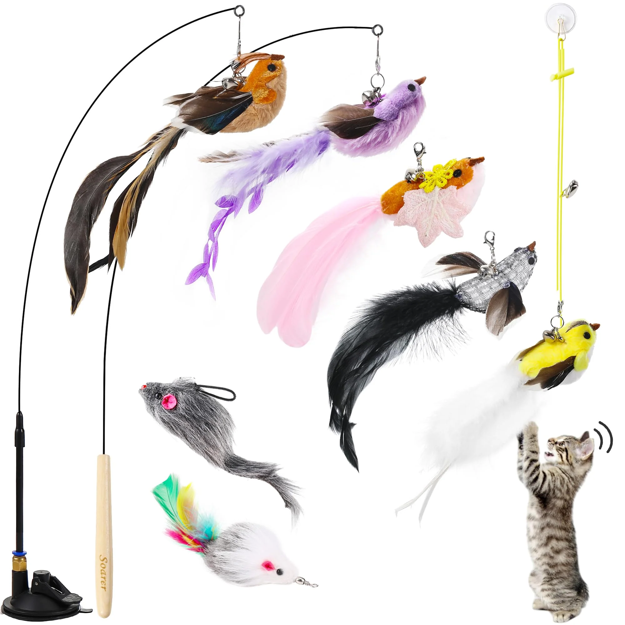 Luxury Soarer 3-in-1 Flying Bird Cat Toys — 7pc Interactive Kit for Indoor Cats Green