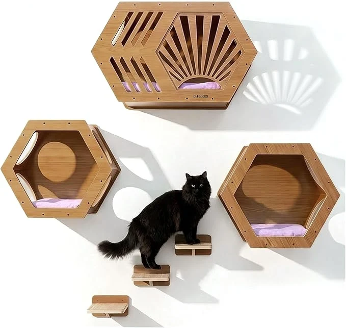 Solid Modern Hexagonal Cat Wall Shelf System 6-Piece Wood Wall Mounted Cat Furniture Next-Generation