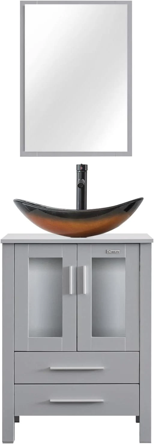 User-Friendly eclife 24 Modern Bathroom Vanity Sink Combo standing Cabinet with Soft Closing Door Brown Boat Glass Vessel Sink Water Save Faucet Drain Gray A29BR About ThisOverview Practical