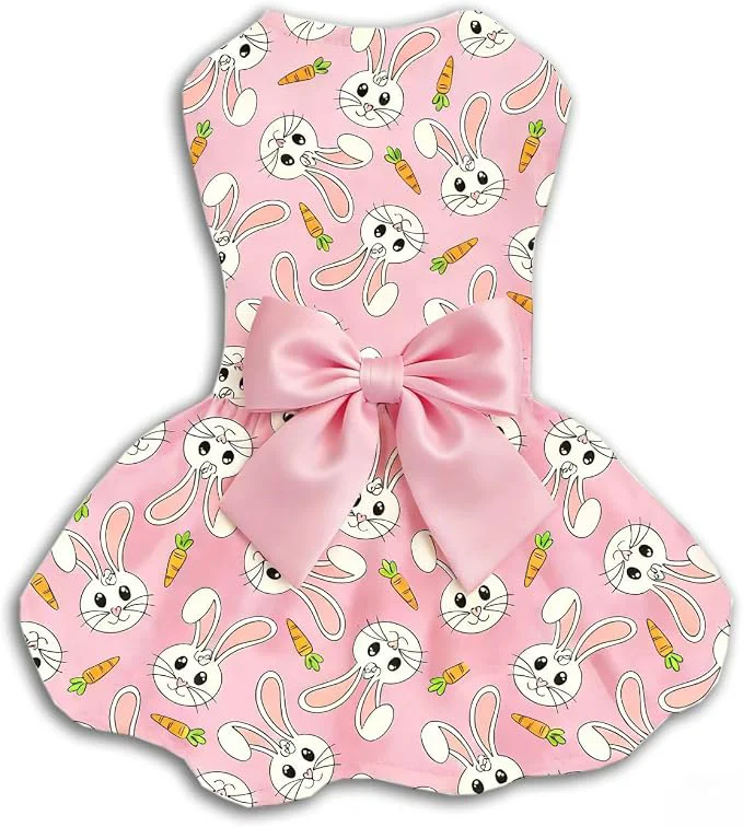 Clean Easter Dog Dress with Pink Bunny Print Cute Spring Pet Skirt Unique