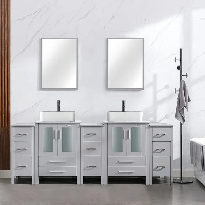Unique eclife 84 Modern Bathroom Vanity Sink Combo standing Cabinet with Small Side Cabinet White Black Ceramic Vessel Sink Water Save Faucet Drain Gray T03BK About ThisOverview Premium