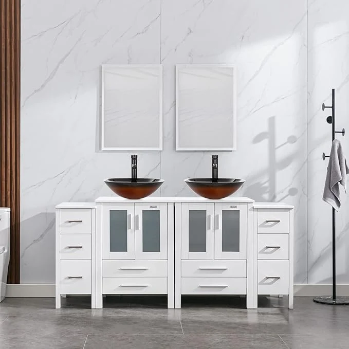 Luxury eclife 72 Modern Bathroom Vanity Sink Combo standing Cabinet with Small Side Cabinet Brown Square Glass Vessel Sink Water Save Faucet Drain White A48 About ThisOverview Top-Quality