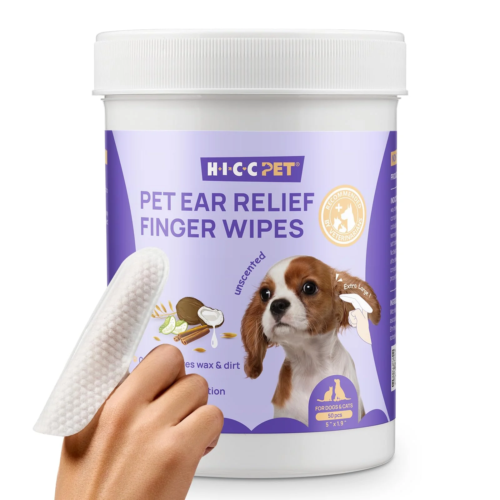 Easy-to-Use HICC PET Ear Cleaner Wipes for Dogs Cats – Vet- Unscented 50ct Solid