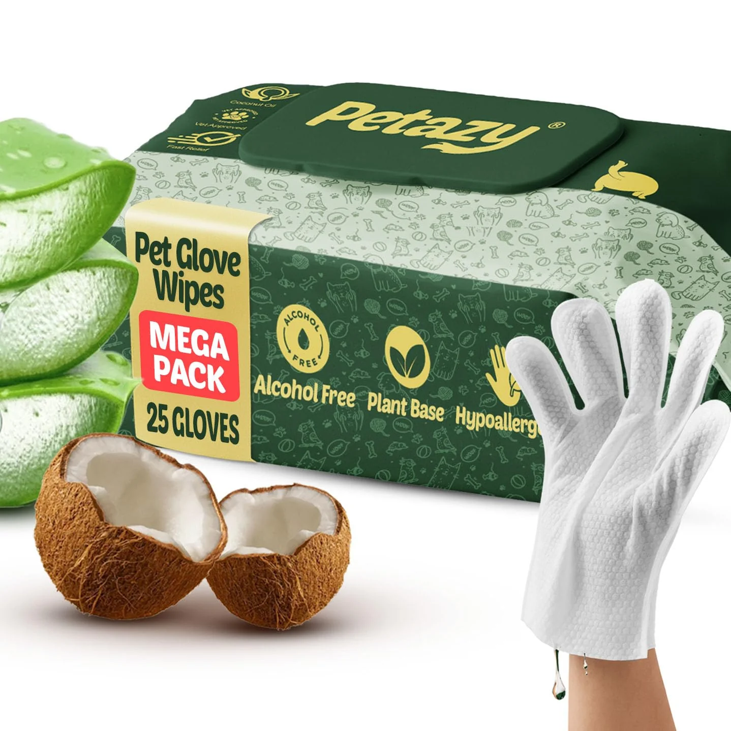 Flexible Petazy Pet Glove Wipes for Dogs Cats – 25 Pack No-Rinse Extra Thick with Aloe Coconut Oil Exclusive