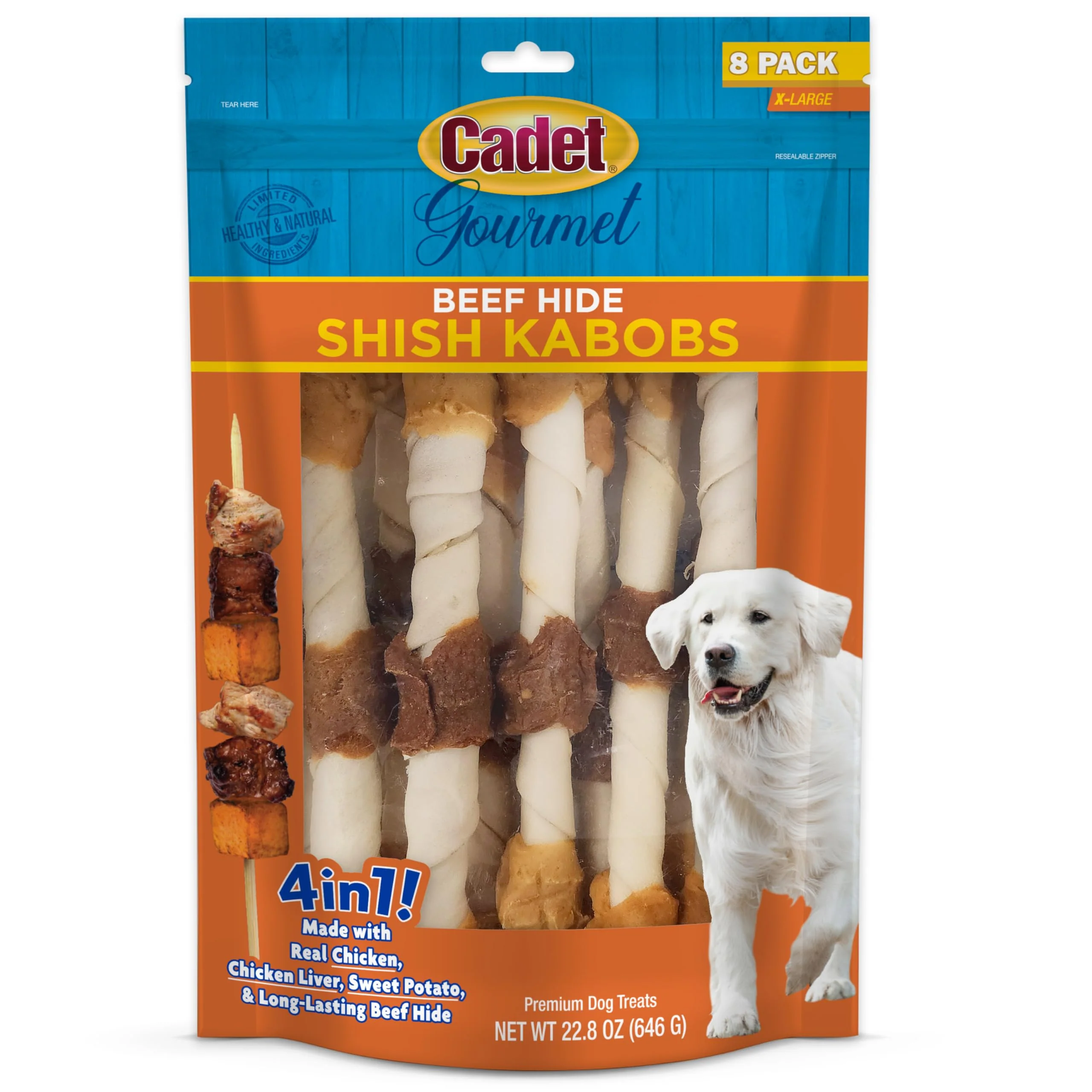 Clean Cadet Gourmet Shish Kabob Dog Chews for Large Dogs – 10-Inch Beef Hide with Chicken Comfortable