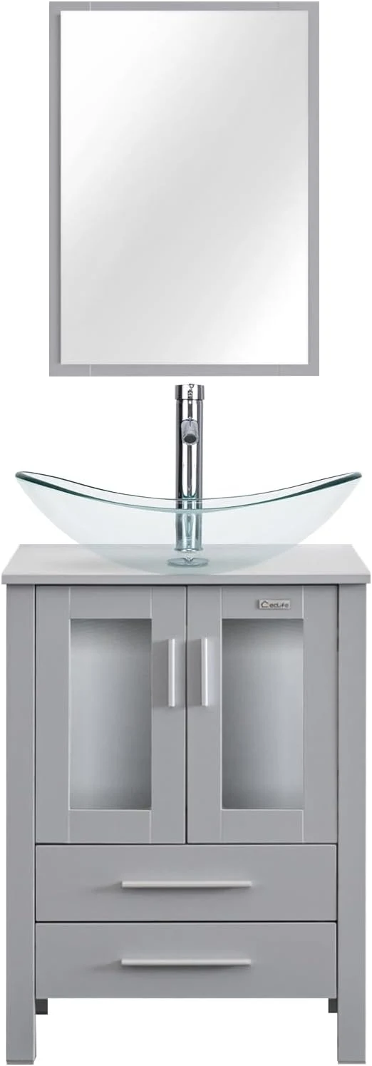 Selected eclife 24 Modern Bathroom Vanity Sink Combo standing Cabinet with Soft Closing Door Clear Boat Glass Vessel Sink Water Save Faucet Drain Gray A29TT About ThisOverview Contemporary