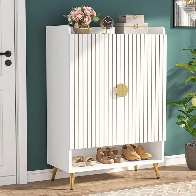 Efficient Tribesigns Shoe Cabinet with Doors 6-Tier Shoe Storage Cabinet with Adjustable Shelves Wooden Shoes Rack Shoe Storage Organizer for Entryway Hallway Closet Living Room White GoldAbout ThisOverview Solid