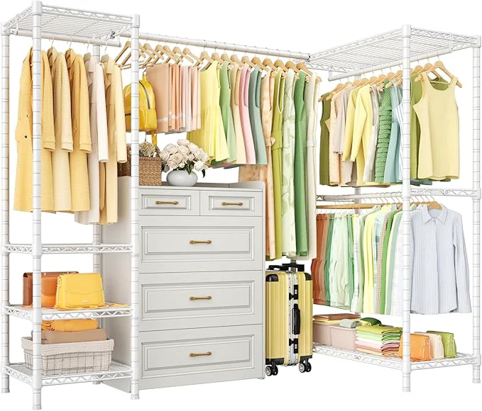 Long-Lasting E10L L-Shaped Clothes Rack for Corner（With Expandable Hanger Rod）Heavy Duty standing Clothing Racks for Hanging Clothes，Portable Garment Rack 58-82 W x 30 D x 72 H，Max Load 900LBS WhiteAbout ThisOverview Recyclable
