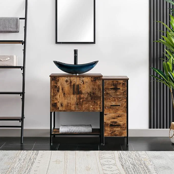 Sustainable eclife 36 Bathroom Vanity Sink Combo Modern Metal Stand Cabinet W Bottom Shelf Storage Side Cabinet Blue Boat Vessel Sink Water Save Faucet Pop Up Drain Rustic Brown A29BU About ThisOverview Minimalist