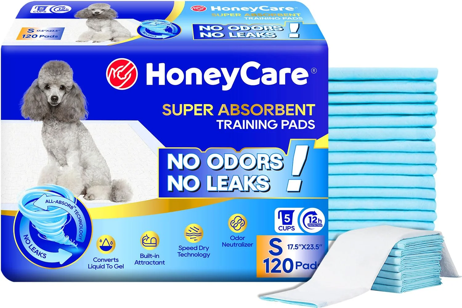 Elegant Honey Care All-Absorb Training Pads – Small 17.5in x 23.5in 120 Count Ultra Absorbent Odor Eliminating Leak-Proof Quick-Dry Blue A05 High-Performance