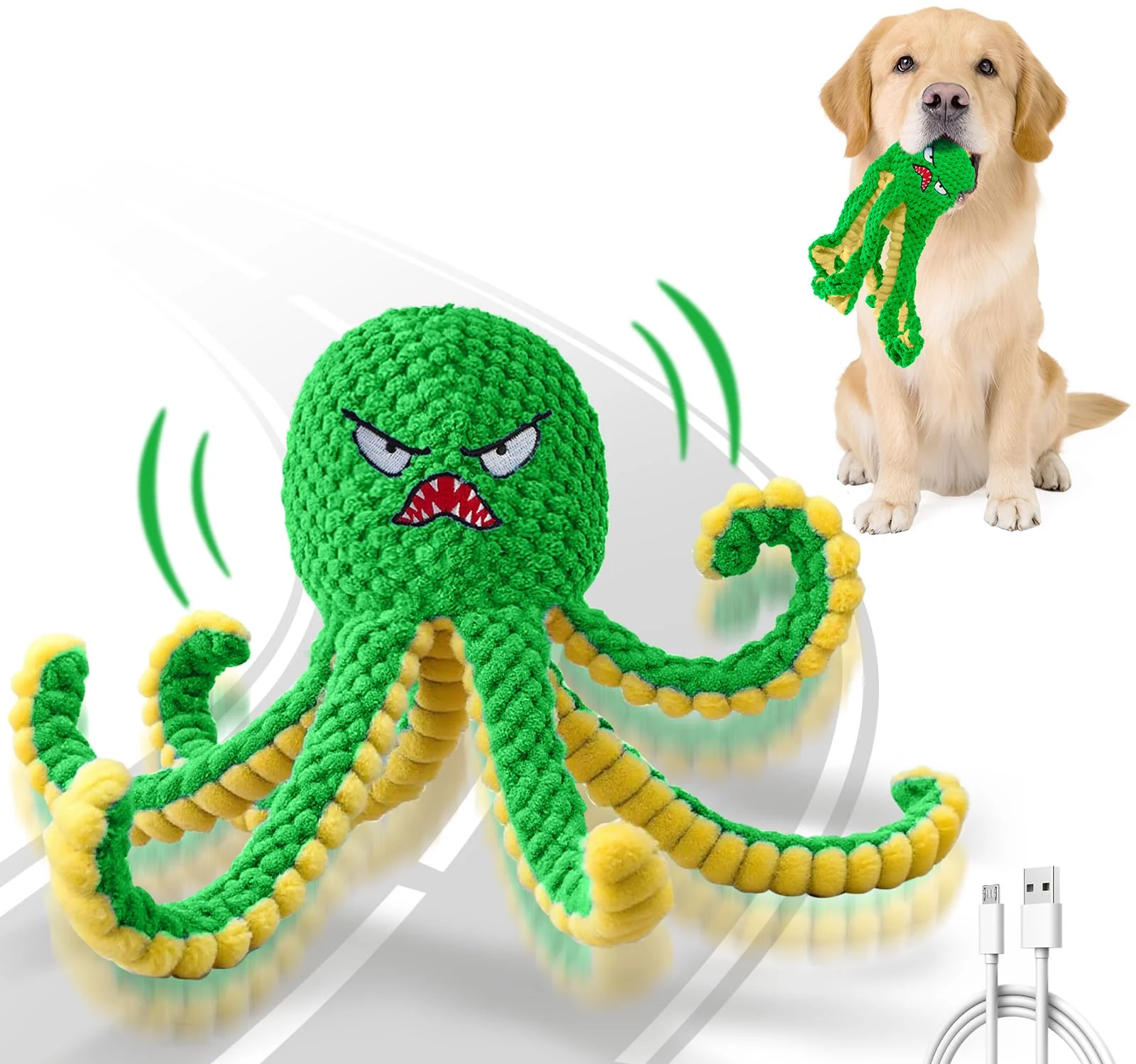 Recyclable Qraxond Interactive Octopus Dog Toy — Automatic Jumping USB Rechargeable IP54 Not for Aggressive Chewers Green Consistent