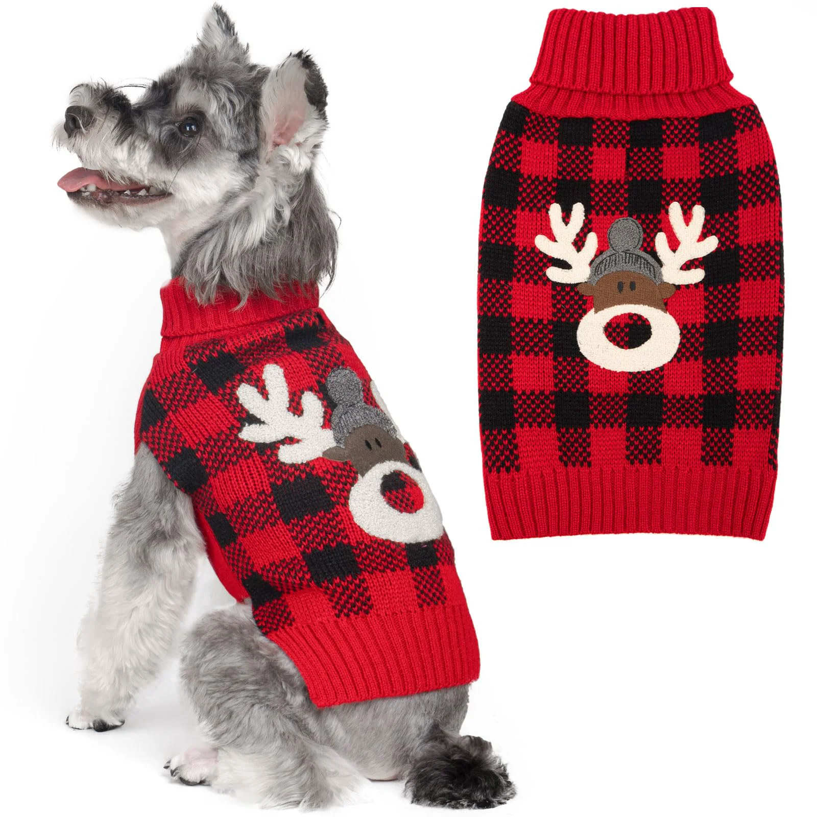Top-Quality KYEESE Dog Christmas Sweater with Reindeer Pattern – Red Buffalo Plaid Knitwear for Small Dogs Consistent