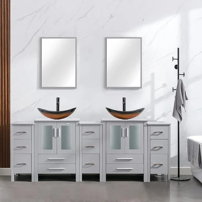 Trusted eclife 84 Modern Bathroom Vanity Sink Combo standing Cabinet with Small Side Cabinet Brown Boat Glass Vessel Sink Water Save Faucet Drain Gray A29BR About ThisOverview Soft