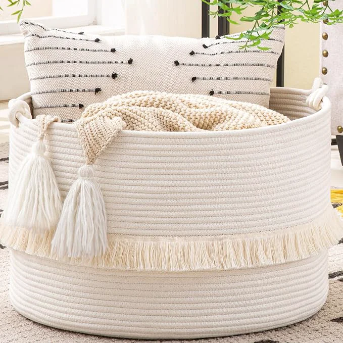 Detailed KAKAMAY Large Blanket Basket 20 x13 Woven Baskets for storage Baby Laundry Hamper Cotton Rope Blanket Basket for Living Room Laundry Nursery Pillows Baby Toy chest White About ThisOverview Practical