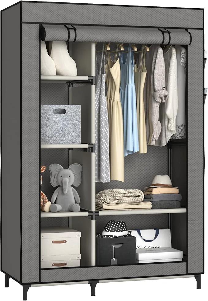 Green Buzowruil Portable Closet Wardrobe – 6-Shelf Storage with Hanging Rail Non-Woven Fabric Dust-Resistant Easy Assembly Space-Saving Design GreyAbout ThisOverview Fine Crafted