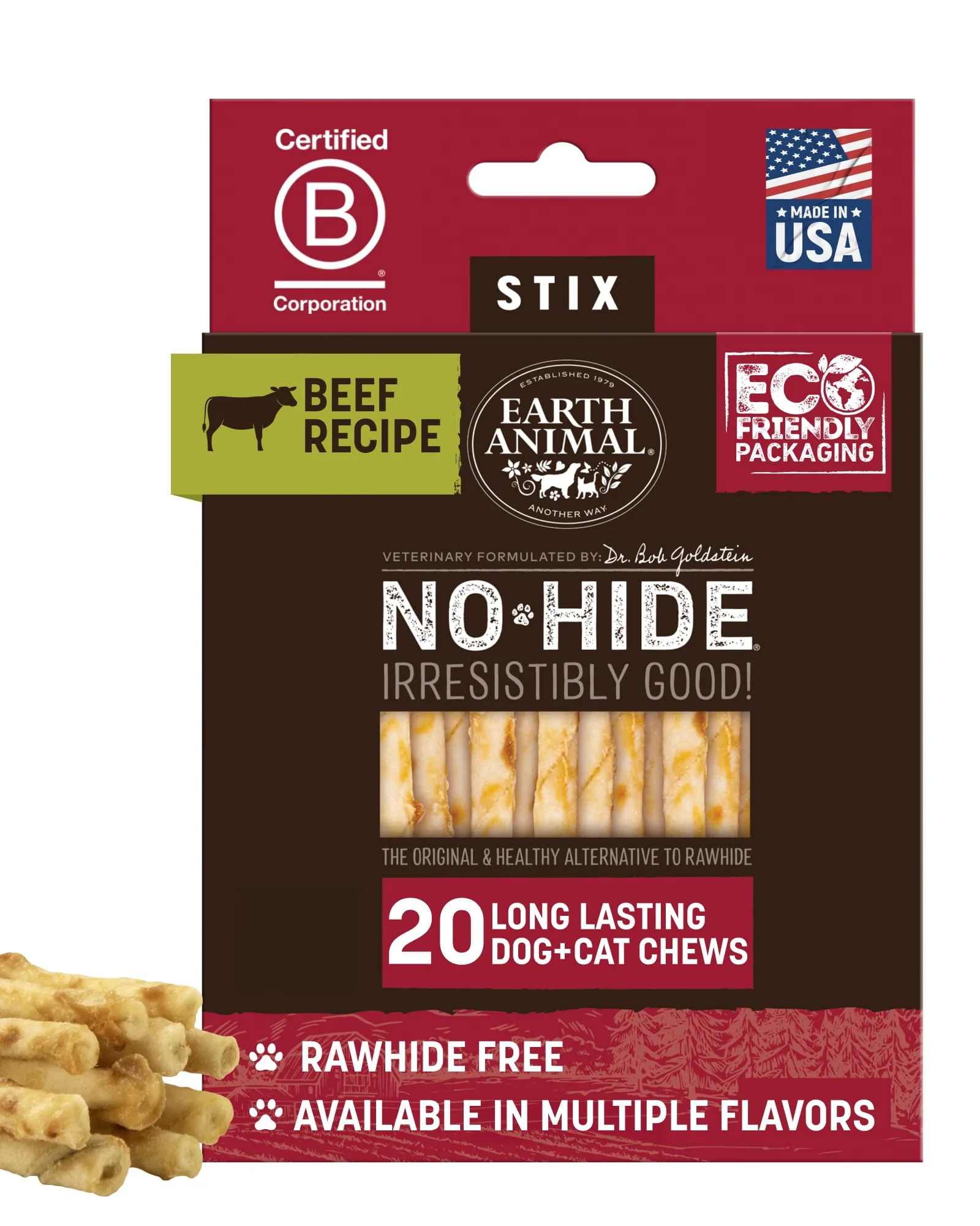 Powerful Earth Animal No Hide Stix – Long Lasting Rawhide Small Dog Chews Beef – 20 Count Value Pack Detailed