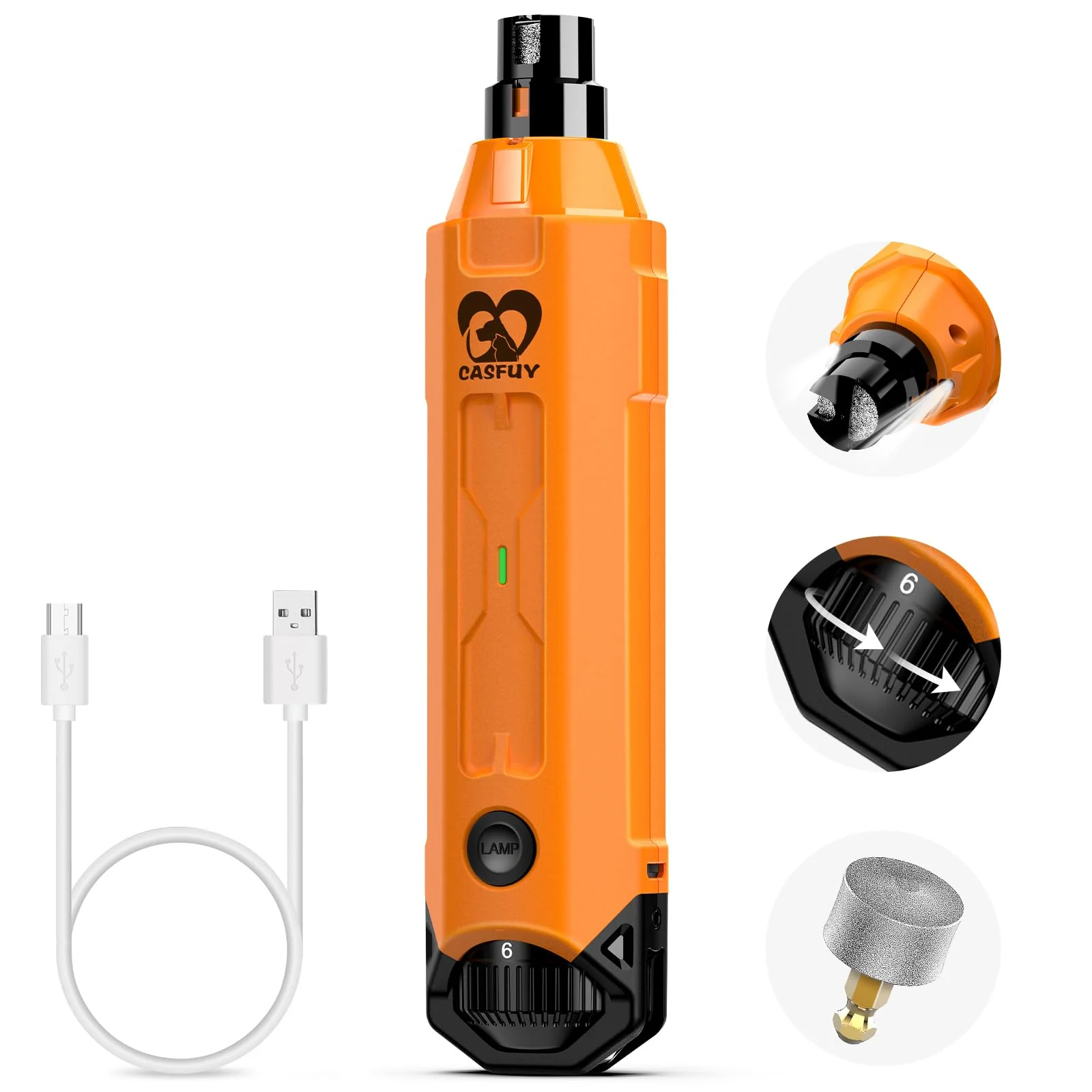 Official Casfuy 6-Speed Dog Nail Grinder – Newest Enhanced Ultra-Quiet Rechargeable Orange Verified