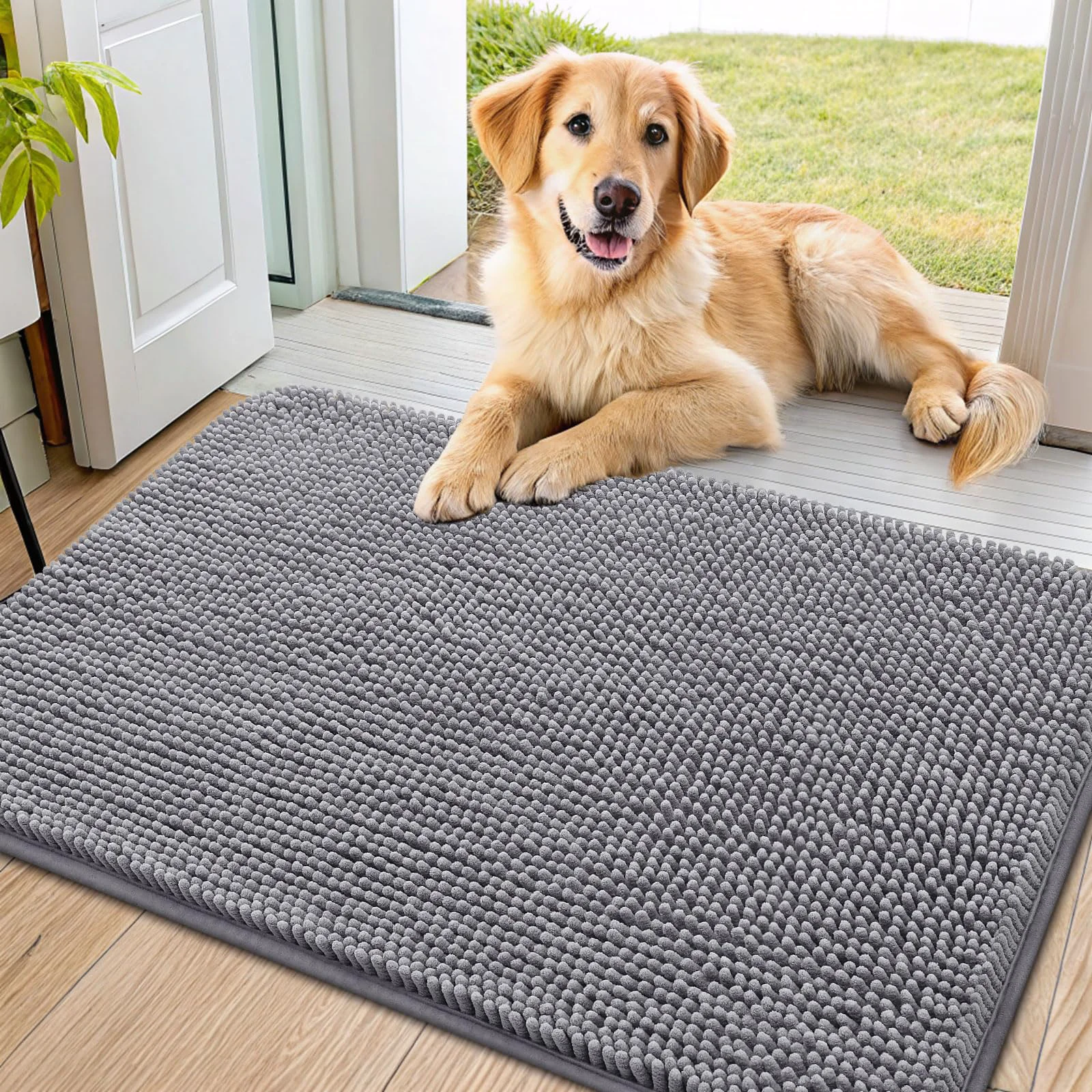 Innovative Smiry Dog Door Mat 34×21 – Absorbs Moisture Dirt Non-Slip Entryway Grey Secure
