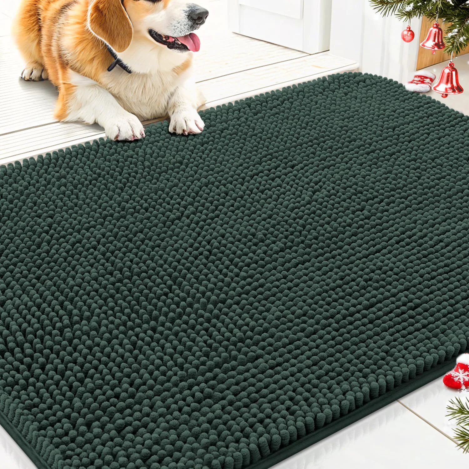 Classic Smiry Dog Door Mat 30×20 Green – Absorbs Moisture Dirt Non-Slip Chenille Indoor Entrance Mat Trusted