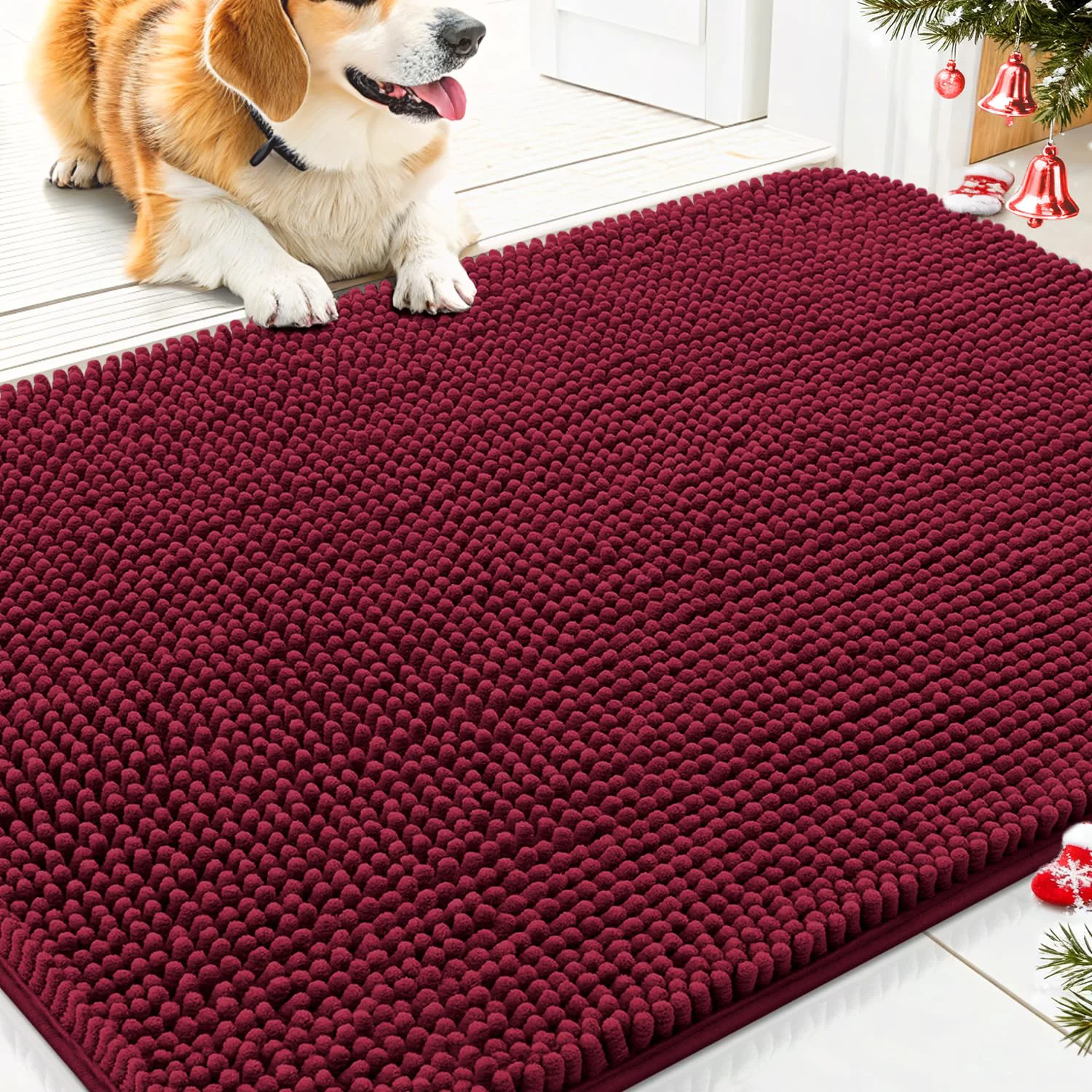 Convenient Smiry Dog Door Mat 30×20 – Absorbs Moisture Dirt Non-Slip Chenille Burgundy Prestigious