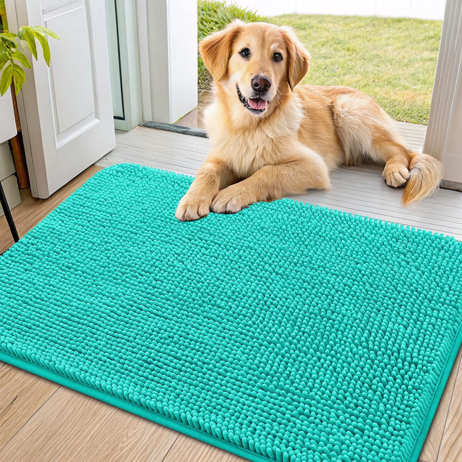 Smart Smiry Dog Door Mat 36×24 – Absorbs Moisture Dirt Non-Slip Quick-Dry Chenille Front Door Mat Teal Selected