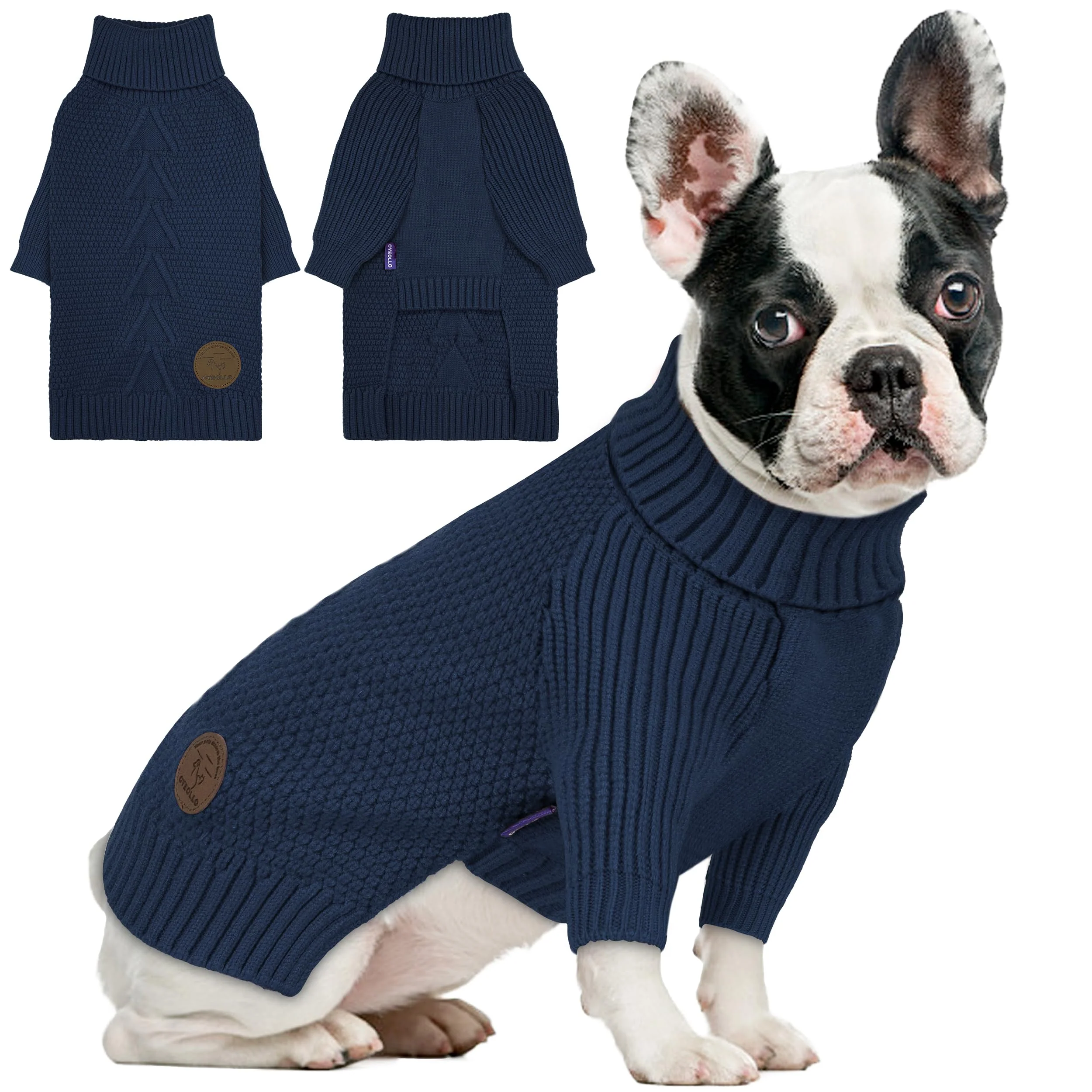 Classic cyeollo Small Dog Sweater – Navy Knit Turtleneck for Indoor Outdoor Wear Elegant