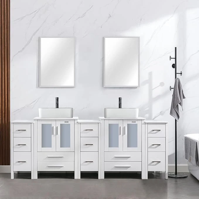 Top-Quality eclife 84 Modern Bathroom Vanity Sink Combo standing Cabinet with Small Side Cabinet White Black Ceramic Vessel Sink Water Save Faucet Drain White T03BK About ThisOverview Effective