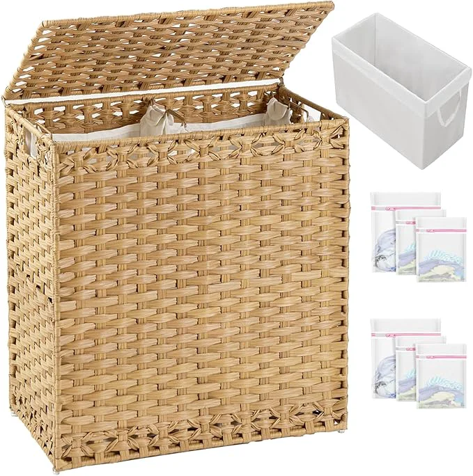 Unique Laundry Hamper with Lid Wicker Laundry Basket 112 L 29.6 Gal Laundry Hampers Handwoven Rattan Clothes Hamper with Handles 3 Removable Liner Bag 6 Mesh Bags for Bathroom Bedroom NaturalAbout ThisOverview Minimalist