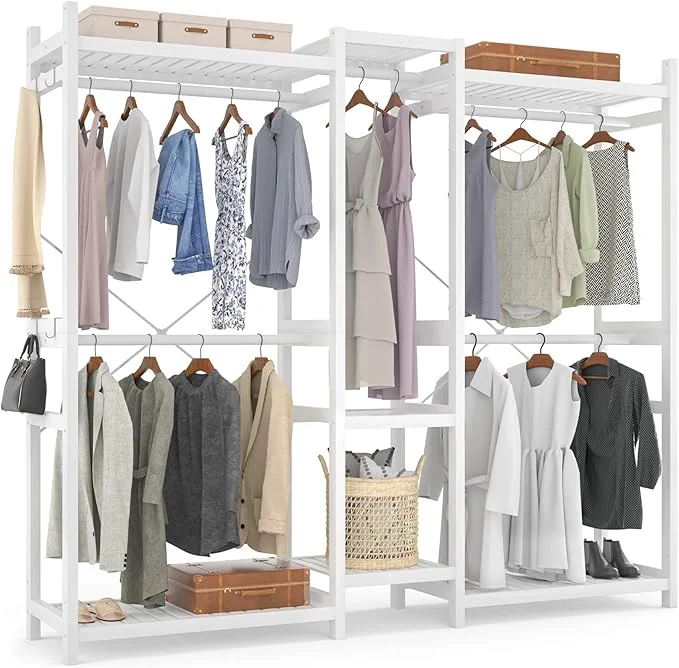 Elite Homykic Bamboo Closet System Clothes Rack Large standing Garment Rack Clothing Rack for Hanging Clothes with 7 Storage Shelves and 5 Rods Open Wardrobe Organizer with 4 Hooks WhiteAbout ThisOverview Authentic