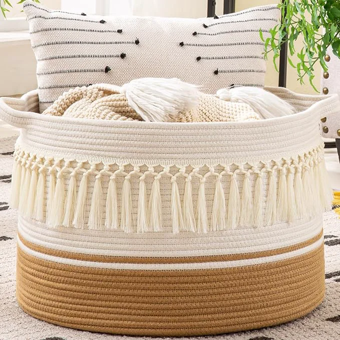 Fast KAKAMAY Large Blanket Basket 20 x13 Woven Baskets for storage Baby Laundry Hamper Cotton Rope Blanket Basket for Living Room Laundry Nursery Pillows Baby Toy chest White Fringe About ThisOverview Casual