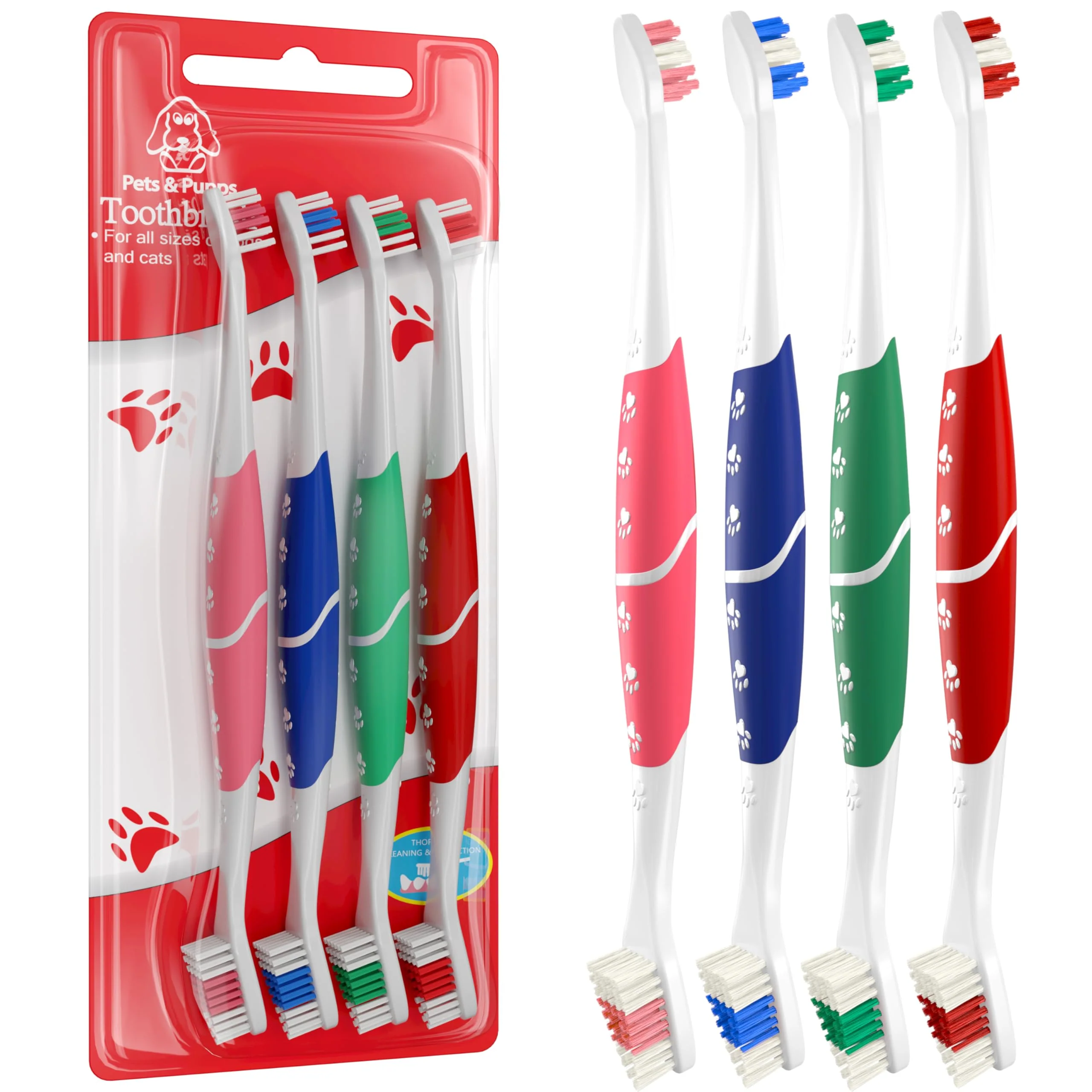 Functional Pet Toothbrush for Dogs Cats with Soft Bristles Dual-Head Non-Slip Handle Pack of 4 by Pets Pupps Expertly Made
