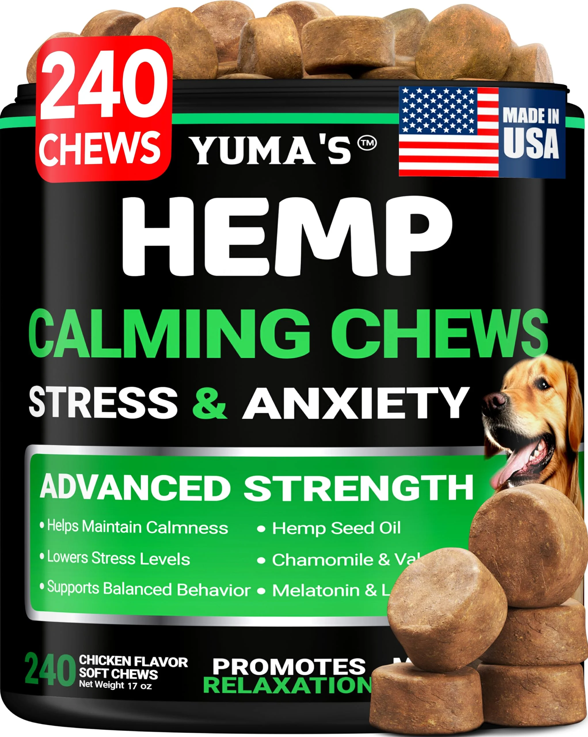 Sustainable YUMA’S Hemp Calming Chews for Dogs – Anxiety Relief Sleep Aid 240 Treats Safe