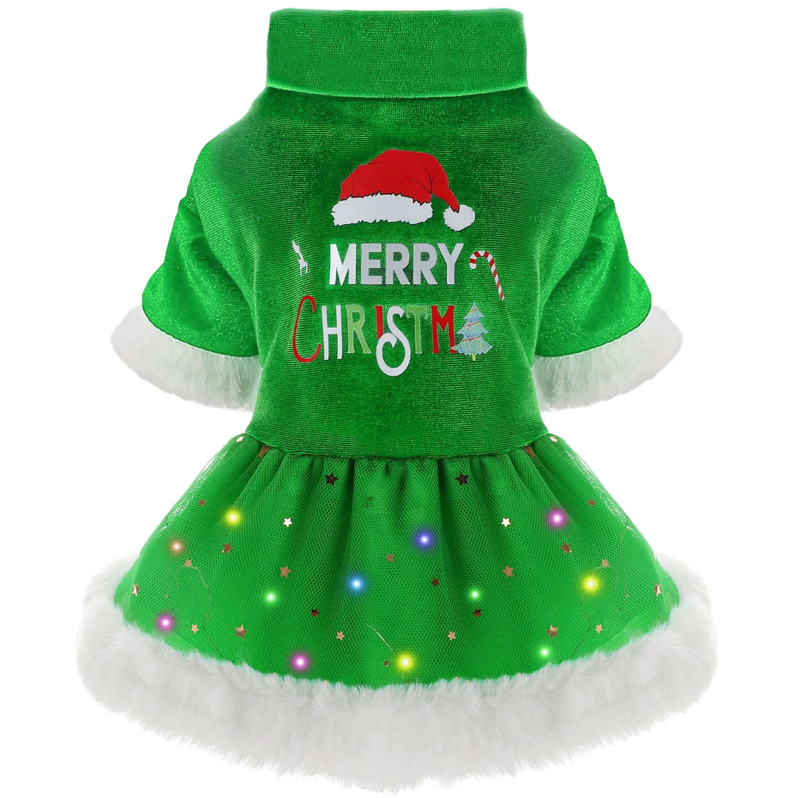 Stylish Sebaoyu Dog Christmas Dress with LED Light Green Winter Outfit for Small Dogs Natural