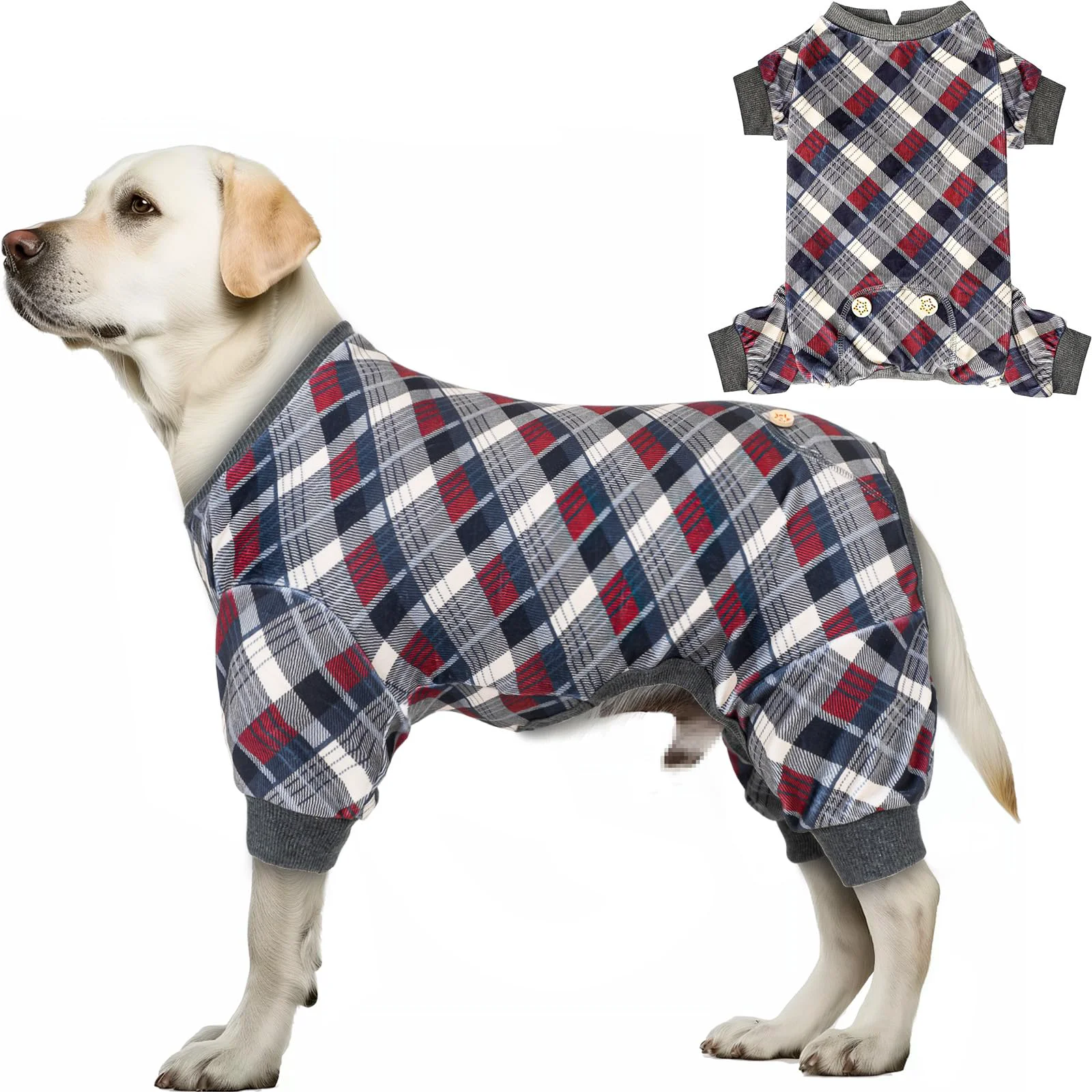 Flexible KYEESE Plaid Velvet Dog Pajamas — Soft Stretchy One-Piece PJs for Medium to XXL Dogs Grey High-Performance