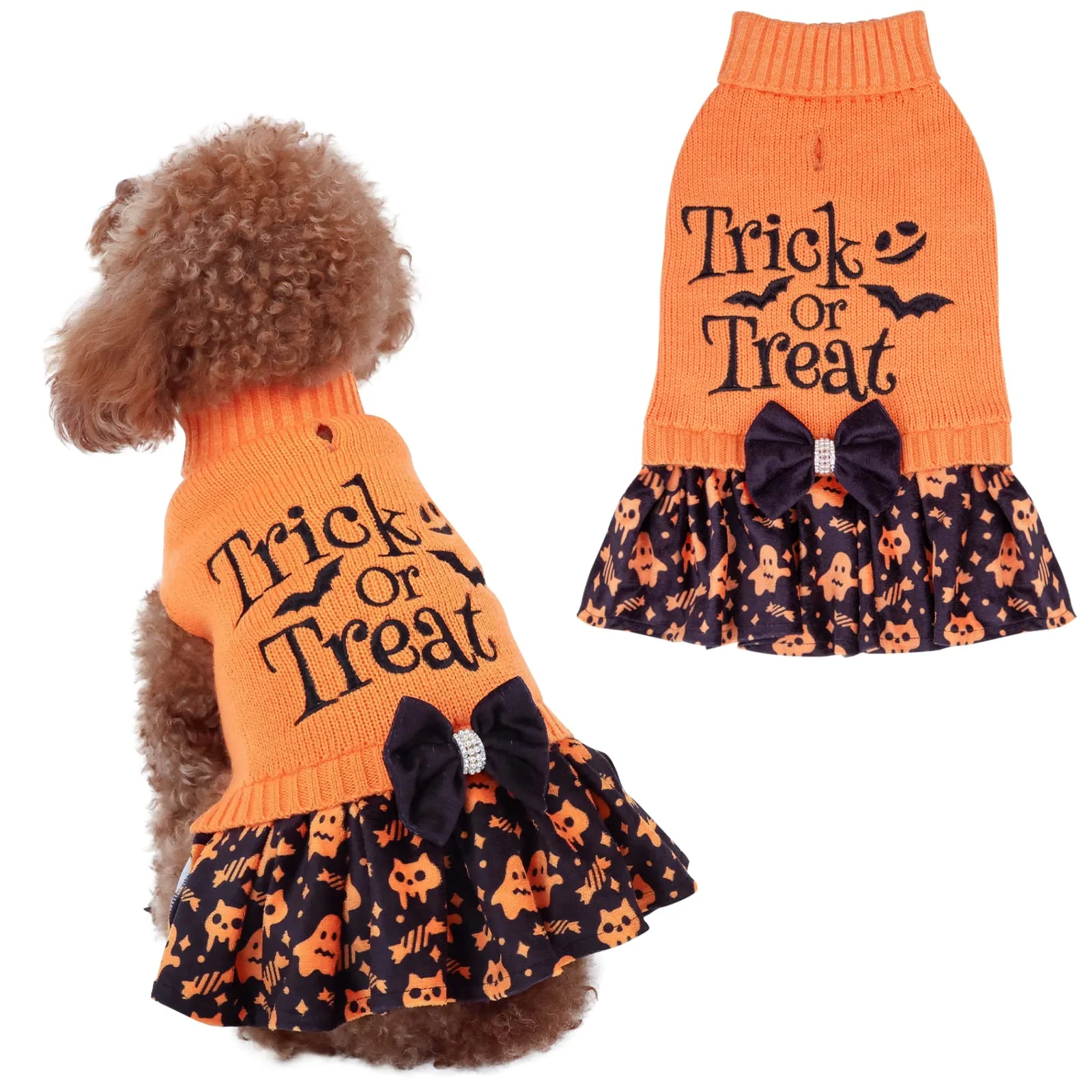 Prestigious CuteBone Halloween Dog Sweater Dress for Medium Dogs DS54XXL — Knit Turtleneck with Bowtie Harness Hole Functional