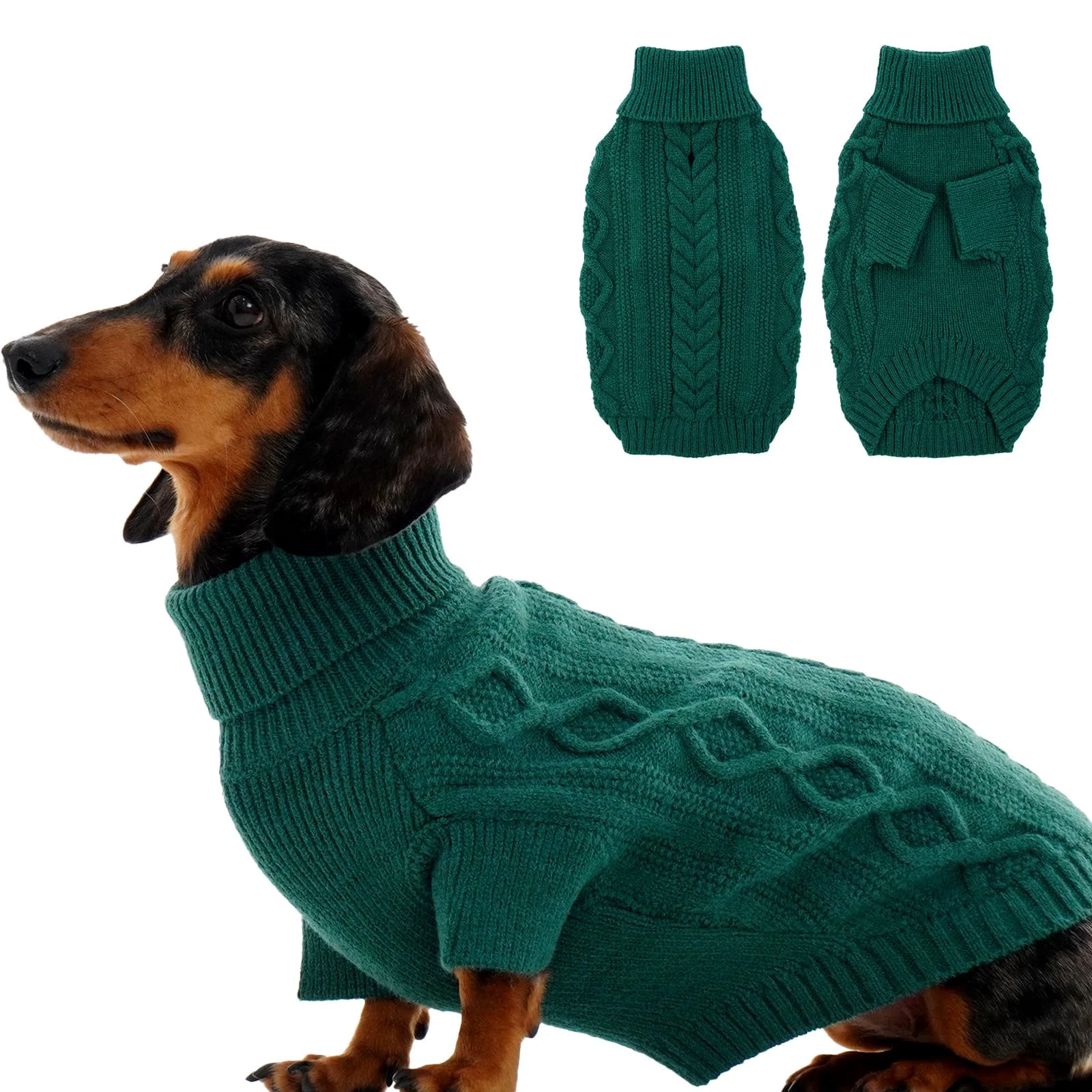Reliable IKIPUKO PeacockGreen Knit Dog Sweater – Turtleneck Leash Hole Cozy Holiday Wear Size M Sophisticated