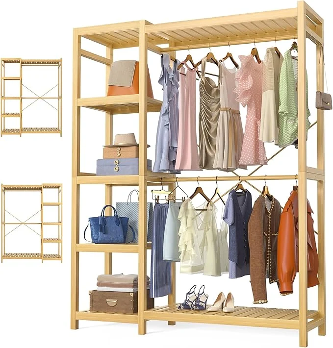 Sophisticated Homykic Bamboo Clothes Rack Garment Rack for Hanging Clothes Heavy Duty Clothing Rack with 7 Tiers Adjustable Shelves Double Rods 4 Hooks standing Closet System Organizer Wardrobe NaturalAbout ThisOverview Versatile