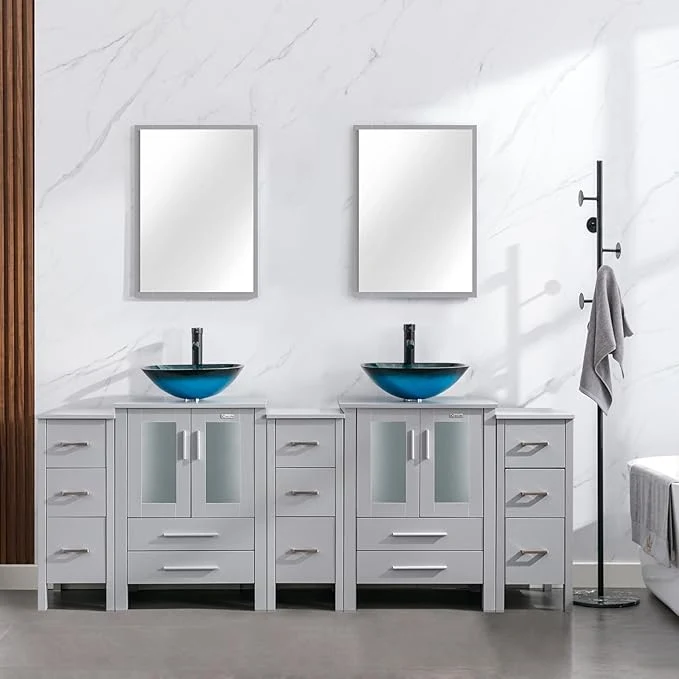 High-Grade eclife 84 Modern Bathroom Vanity Sink Combo standing Cabinet with Small Side Cabinet Turquoise Square Glass Vessel Sink Water Save Faucet Drain Gray A10 About ThisOverview Official