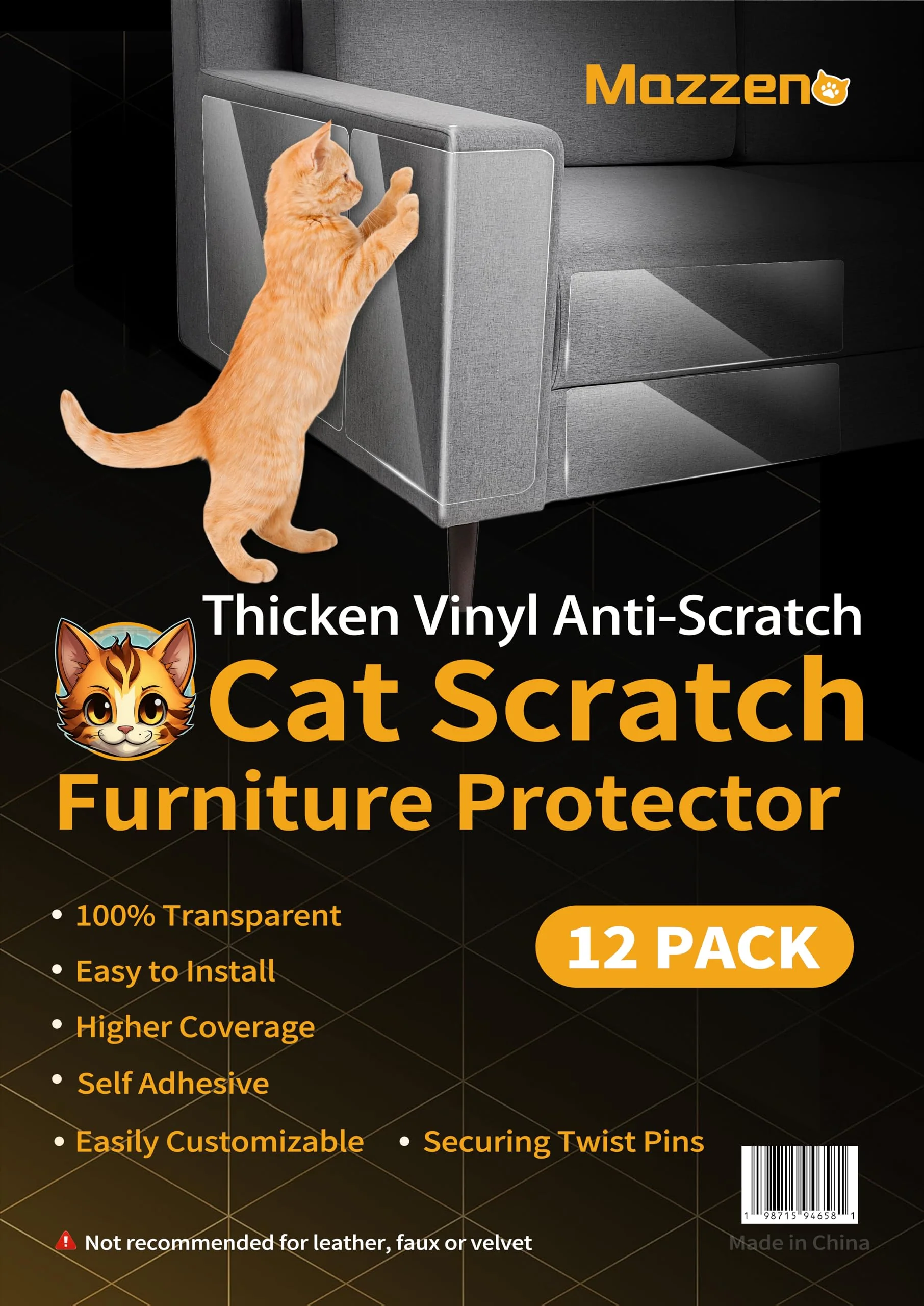 Innovative Mazzen Cat Scratch Couch Protector – 12 Pack Clear Shield for Furniture Smooth
