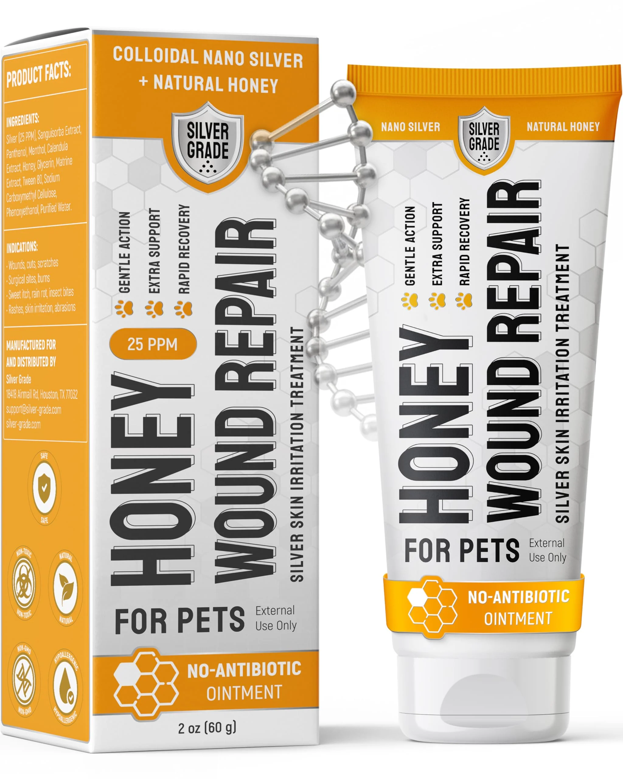 Artisan SILVER GRADE Honey Wound Gel for Dogs Cats – Colloidal Silver Honey Antibiotic- 2 oz Natural