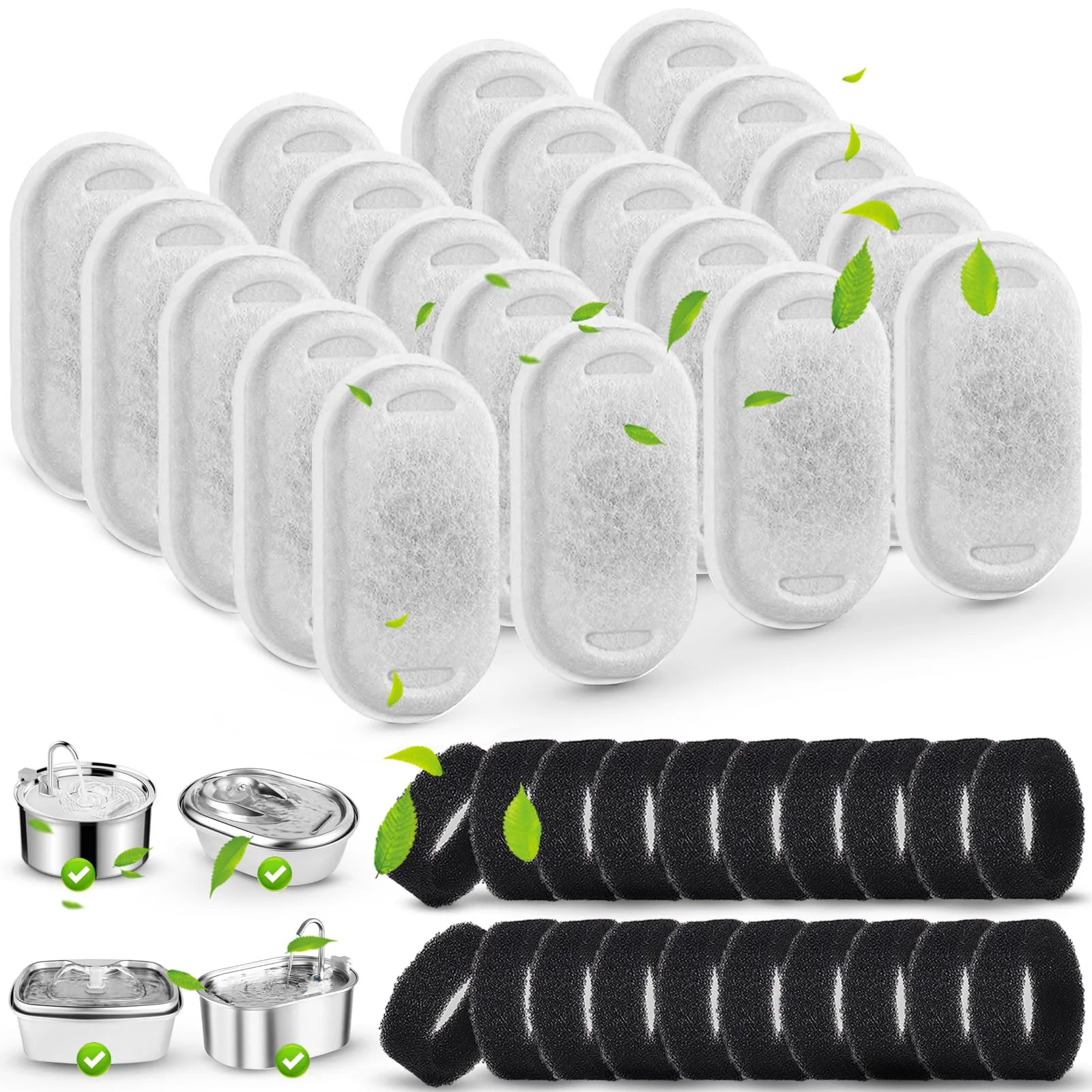Solid SORON Cat Fountain Filters – 67oz 2L 108oz 3.2L Filters 20-Pack with Sponges Contemporary