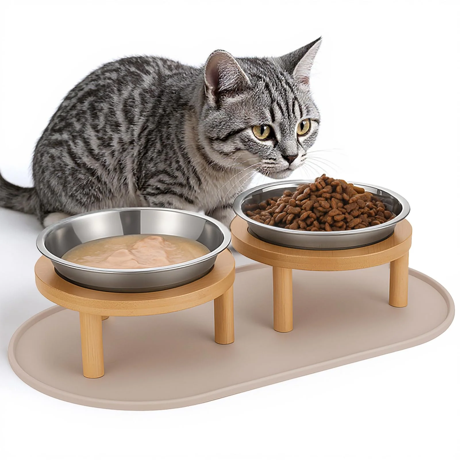 Crafted Summark d Cat Bowls with Food Mat – 6.3×1.1 Inch Shallow Raised Whisker-Friendly Stainless Steel Dishes Versatile