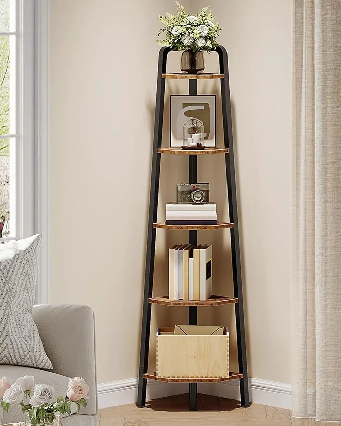 Traditional Corner Shelf 5-Tier Ladder Corner Shelf Ladder Bookshelf 59.6 Tall Vertical Display Stand Metal Frame Bookshelf for Living Room Bedroom Kitchen Rustic Brown and Black TCJ20BFAbout ThisOverview Fine Crafted