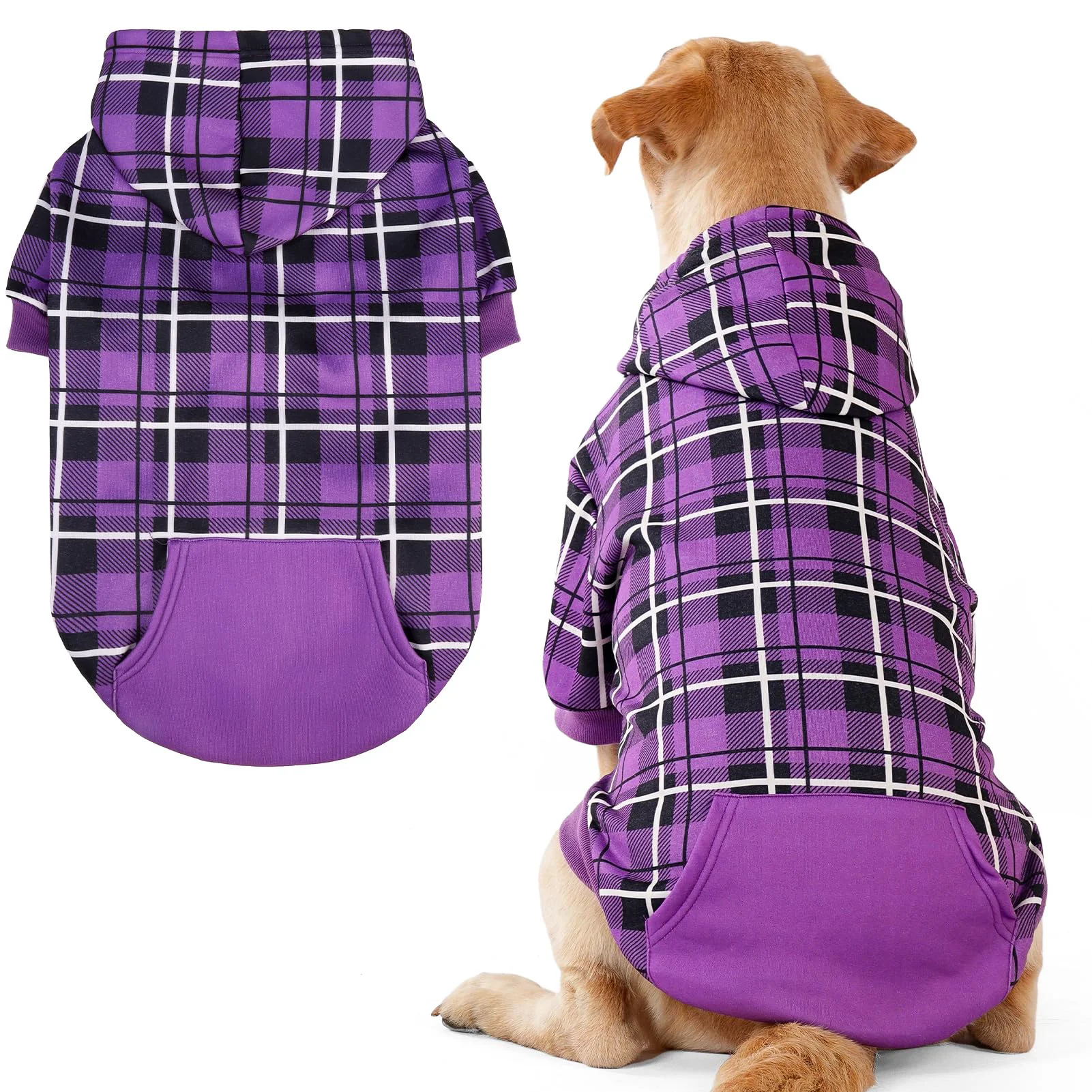 Sophisticated EXPAWLORER Plaid Dog Hoodie – British Style Warm Sweater with Leash Hole Purple Versatile