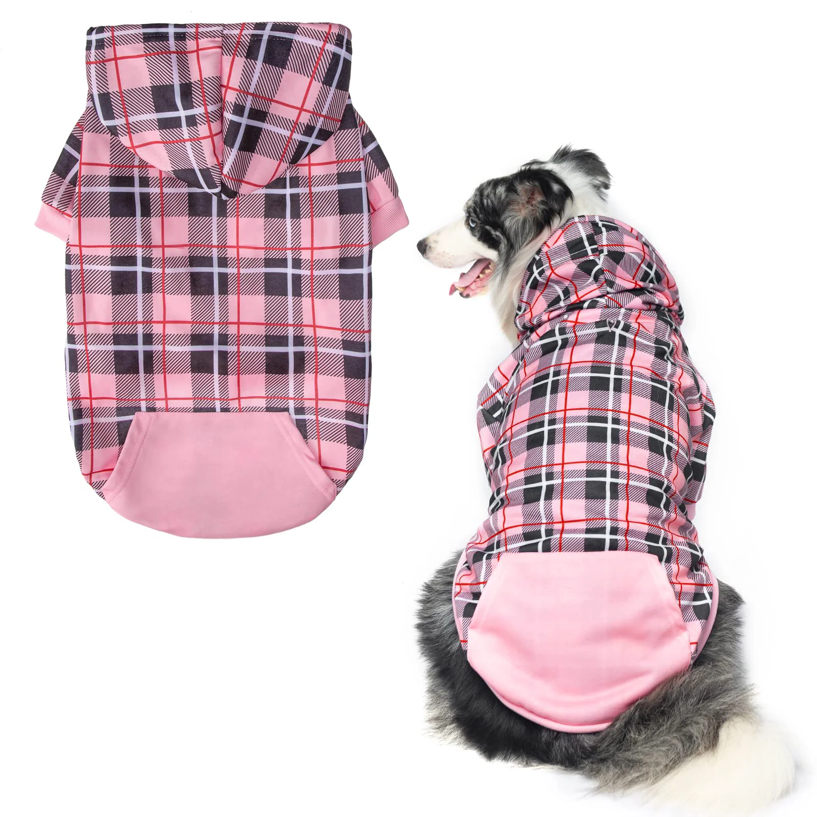 Breathable EXPAWLORER Plaid Dog Hoodie – British Style Warm Sweater with Leash Hole Pink M-Large for All Breeds Long-Lasting