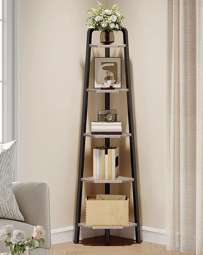 Specialty Corner Shelf 5-Tier Ladder Corner Shelf Ladder Bookshelf 59.6 Tall Vertical Display Stand Metal Frame Bookshelf for Living Room Bedroom Kitchen Greige and Black TCJ20BGAbout ThisOverview Environmentally Friendly