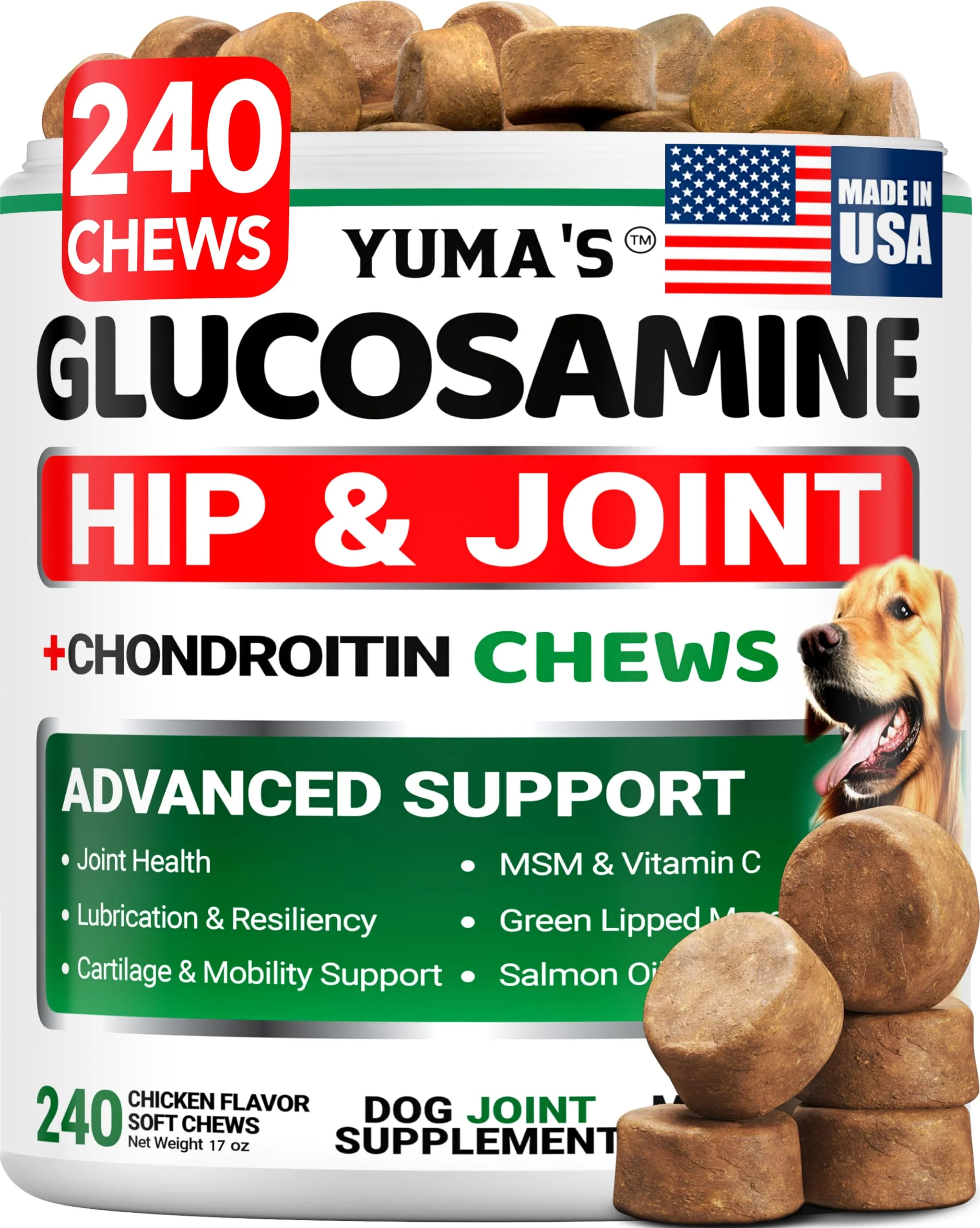 Excellent YUMA’S Glucosamine for Dogs – 240 Chews Hip Joint Support for All Breeds Made in USA Trusted