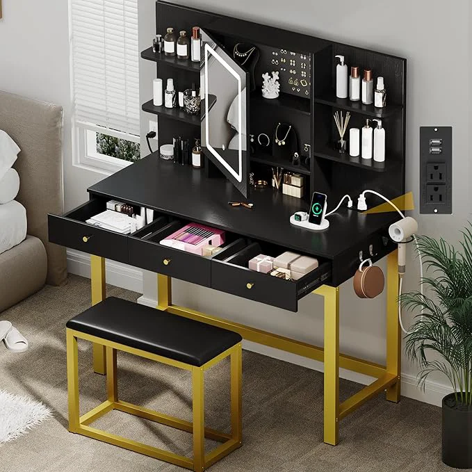 Casual DWVO Vanity Desk with LED Lights Mirror Power Outlet Adjustable 3 Lights Modes Makeup Table with Stool and Hidden Storage Shelves 3 Drawers Dressing Table Set with Chair Upgraded BlackAbout ThisOverview Exclusive