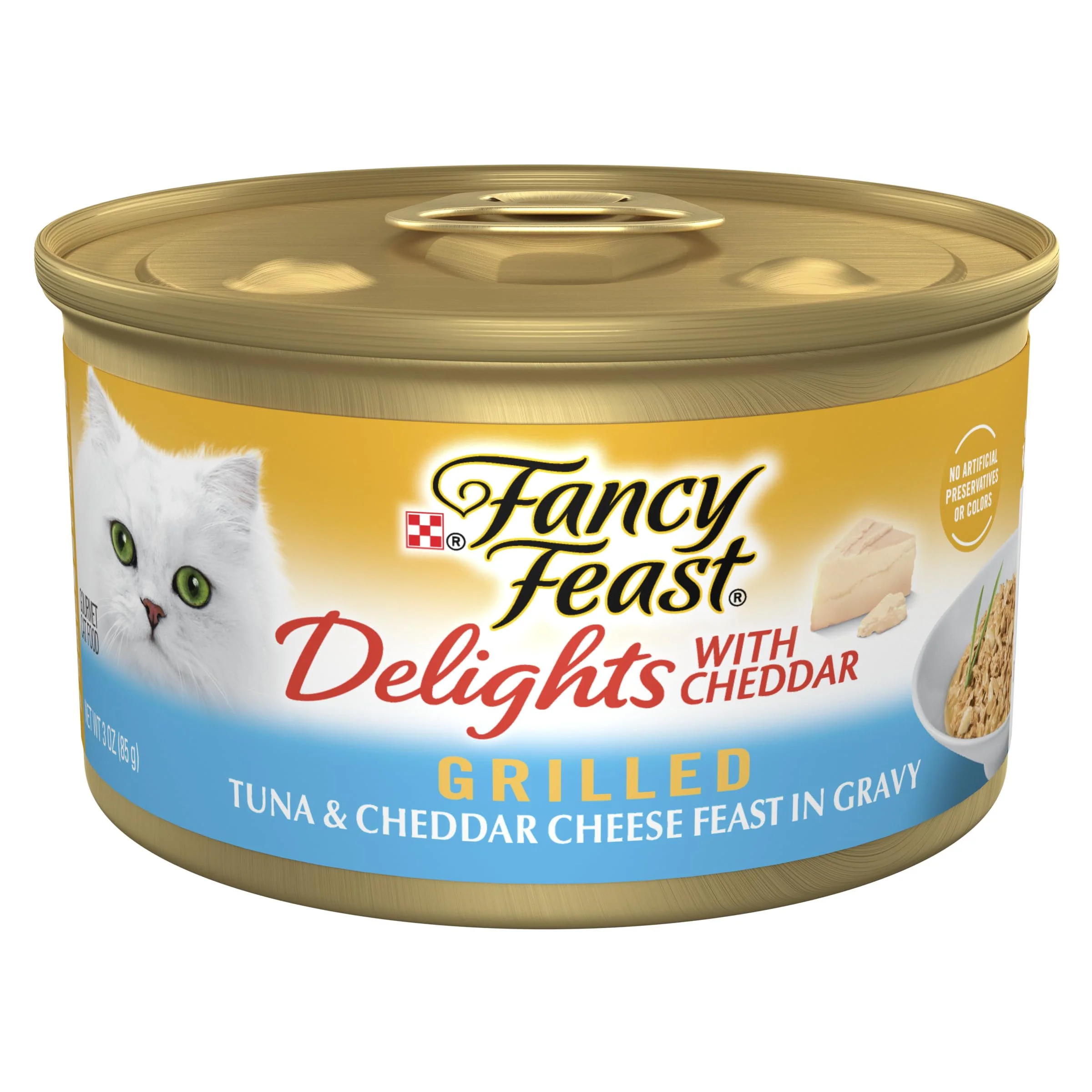 Classic Fancy Feast Delights Grilled Tuna Cheddar in Gravy Wet Cat Food — 24ct 3 oz Cans Excellent